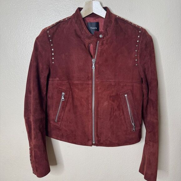 Theory Jacket Women's Large Burgundy Suede Leather Moto Studded Full Zip Pockets - Picture 10 of 12